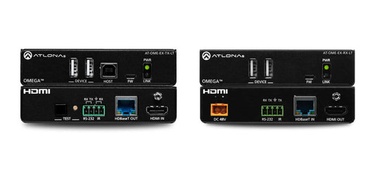Atlona Omega 4K UHD HDMI Over HDBaseT TX/RX Lite Extender Kit with USB, Control, and PoE, featuring a compact design for efficient video and power transmission.