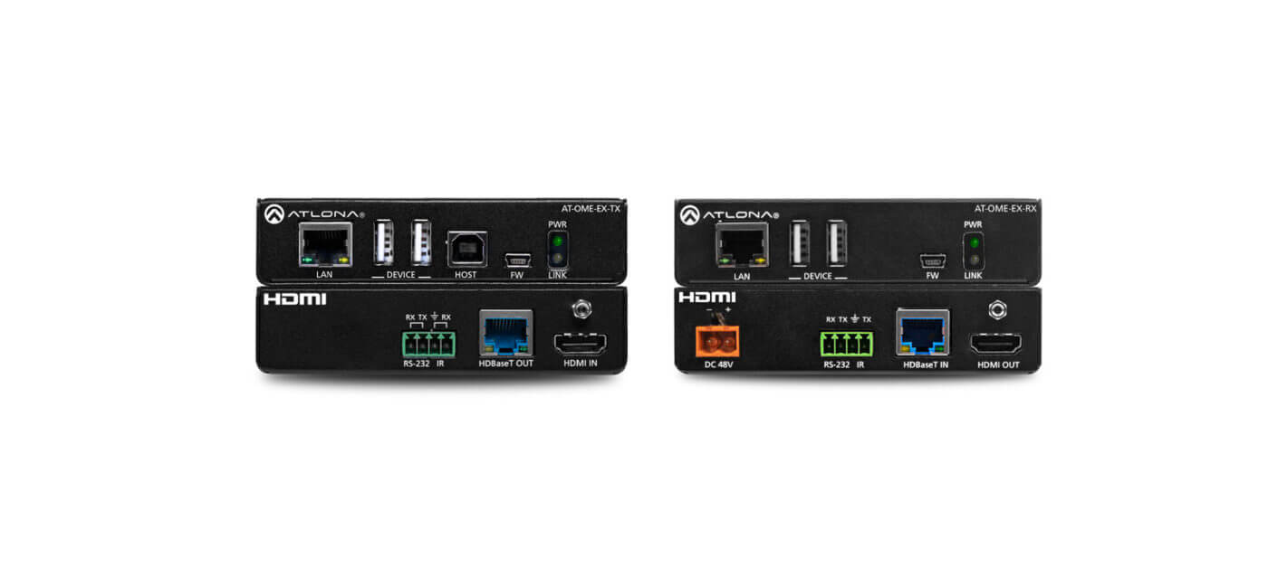 Atlona Omega 4K UHD HDMI Over HDBaseT TX/RX Lite Extender Kit with USB, Control, and PoE, showcasing the product design and features.