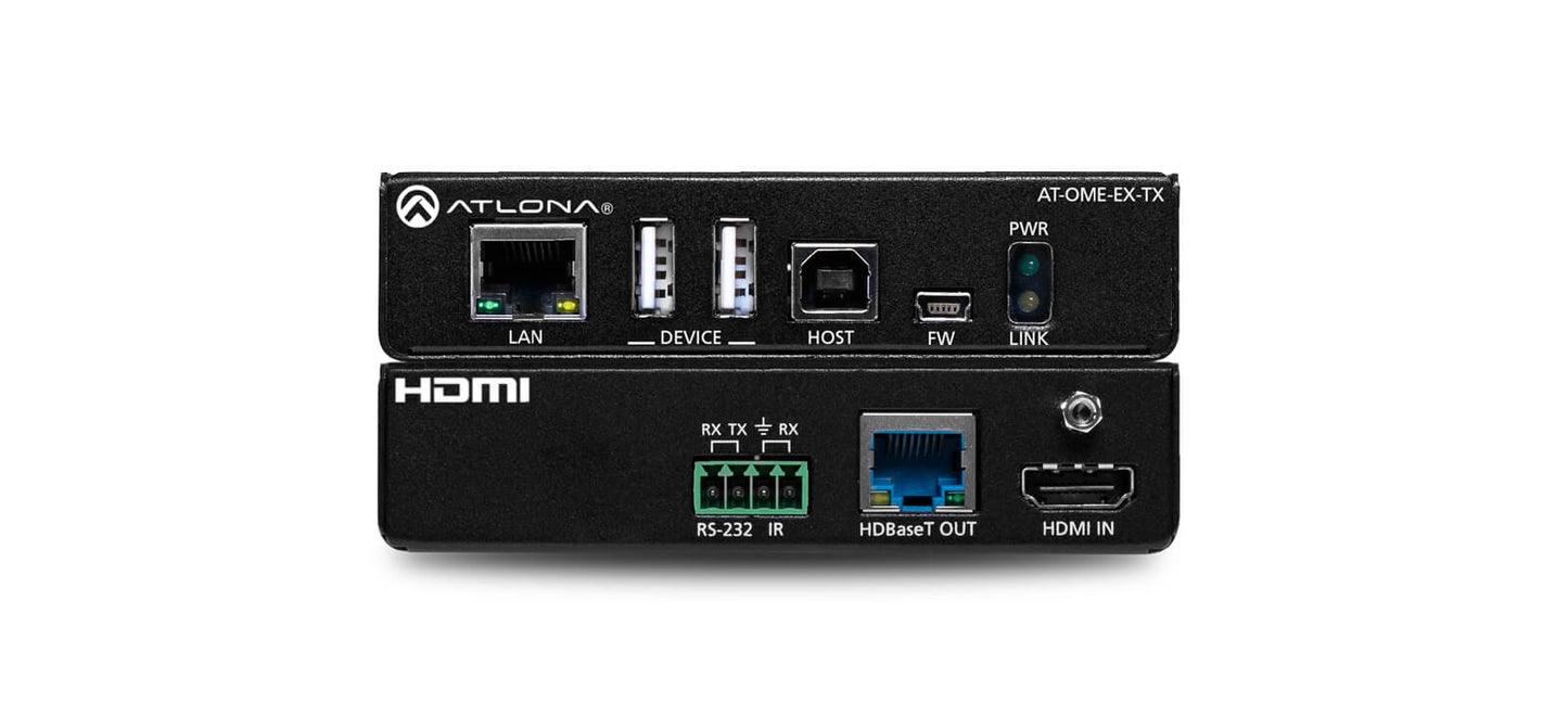Atlona Omega 4K UHD HDMI Over HDBaseT Transmitter with USB, Control and PoE, showcasing the product design and features.