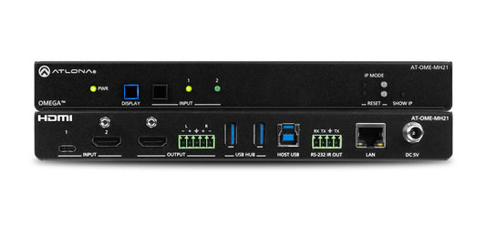 Atlona Omega 4K/UHD Meeting Hub featuring a two-input switcher with USB-C and HDMI inputs, designed for seamless connectivity in meetings.