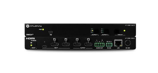 Atlona Omega Matrix Switcher featuring 2 HDMI inputs, 1 USB-C input, and 2 HDMI outputs, displayed in a professional setting.