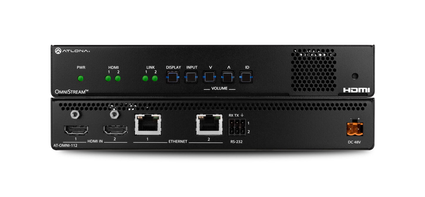 Atlona AT-OMNI-112 Dual Channel OmniStream AV Over IP Encoder for 4K HDMI Sources, showcasing the device design and features.