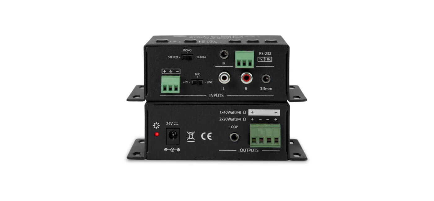 Atlona Stereo/Mono Audio Amplifier showcasing its sleek design and functionality.
