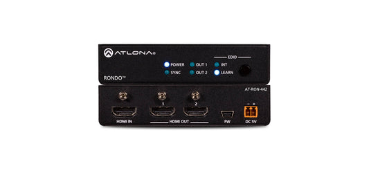 Image of the Atlona Rondo 442, a 4K HDR 2-output HDMI distribution amplifier, showcasing its sleek design and connectivity options.