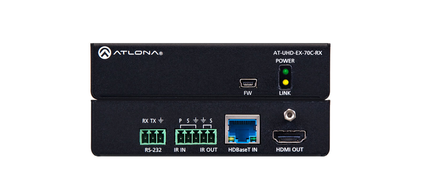 Atlona 4K/UHD HDMI Over HDBaseT Receiver with Control and PoE, showcasing the device design and features.