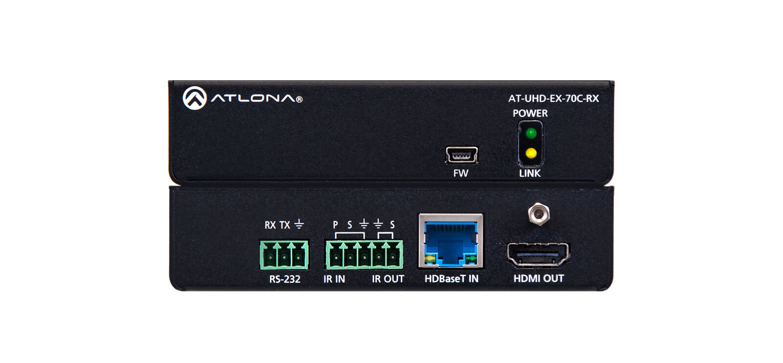 Atlona 4K/UHD HDMI Over HDBaseT Receiver with Control and PoE, showcasing the device design and features.