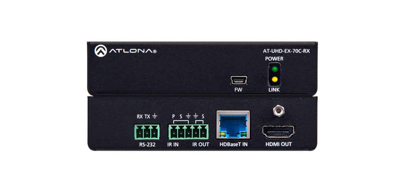 Atlona 4K UHD HDMI Over HDBaseT Receiver with Control and PoE, showcasing the device's design and features.