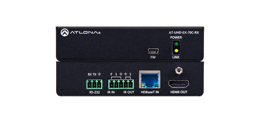 Atlona 4K UHD HDMI Over HDBaseT Receiver with Control and PoE, showcasing the device's design and features.