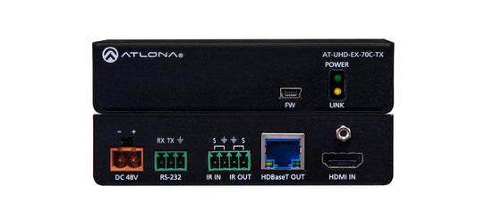 Atlona 4K UHD HDMI Over HDBaseT Transmitter with Control and PoE, showcasing the product design and features.