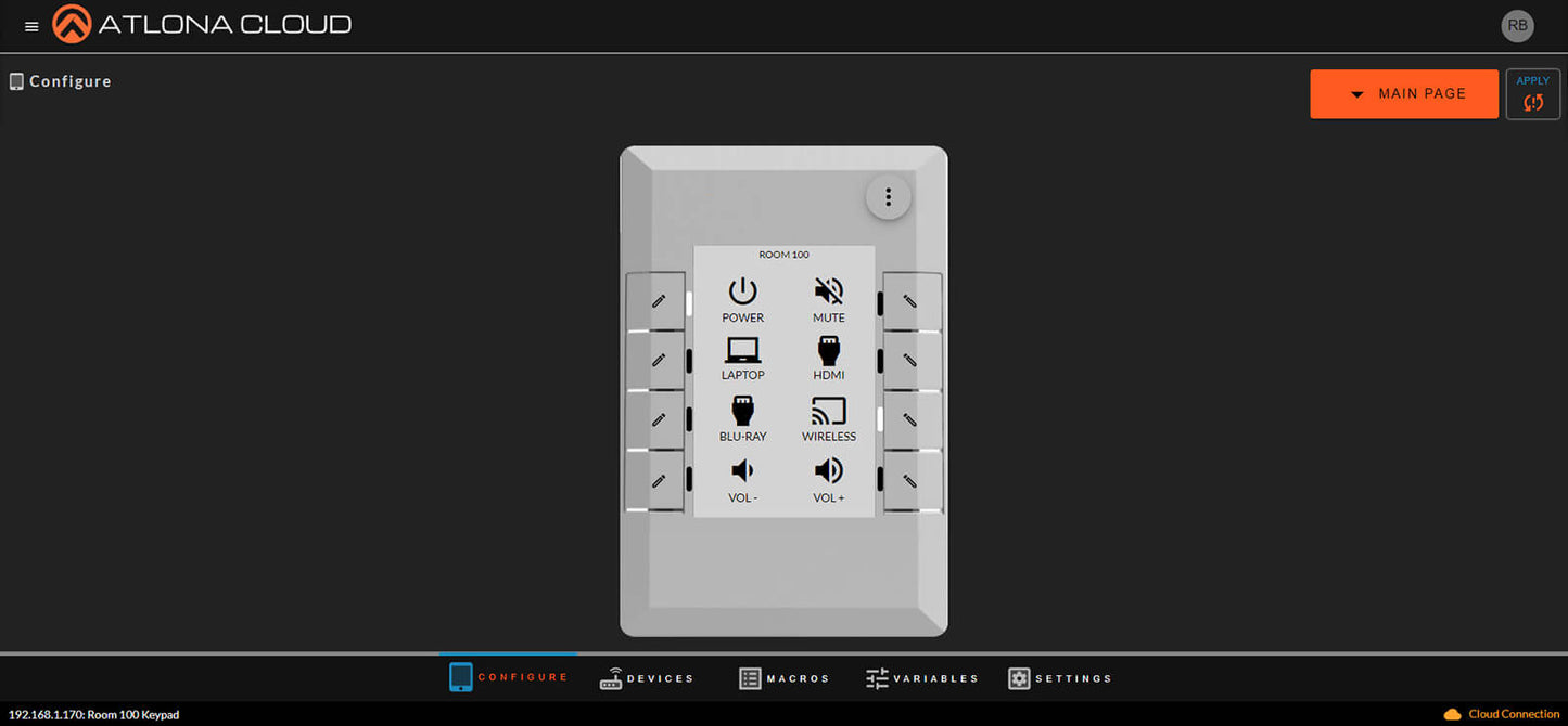 Atlona Velocity 8 Button Keypad Controller AT-VKP-8E, an IP-based control system designed for AV applications, showcased in a professional setting.