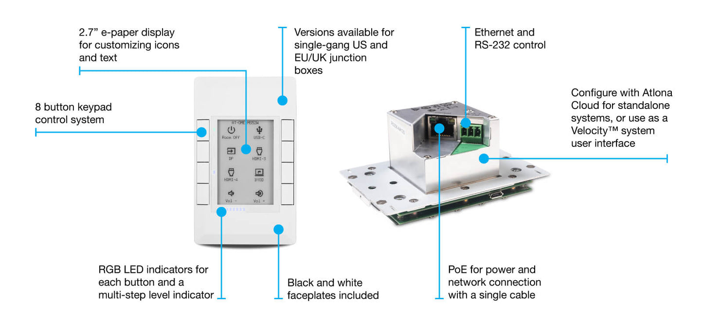 Image of the Atlona Velocity 8 Button Keypad Controller (AT-VKP-8E) showcasing its design and features for IP-based control in AV applications.