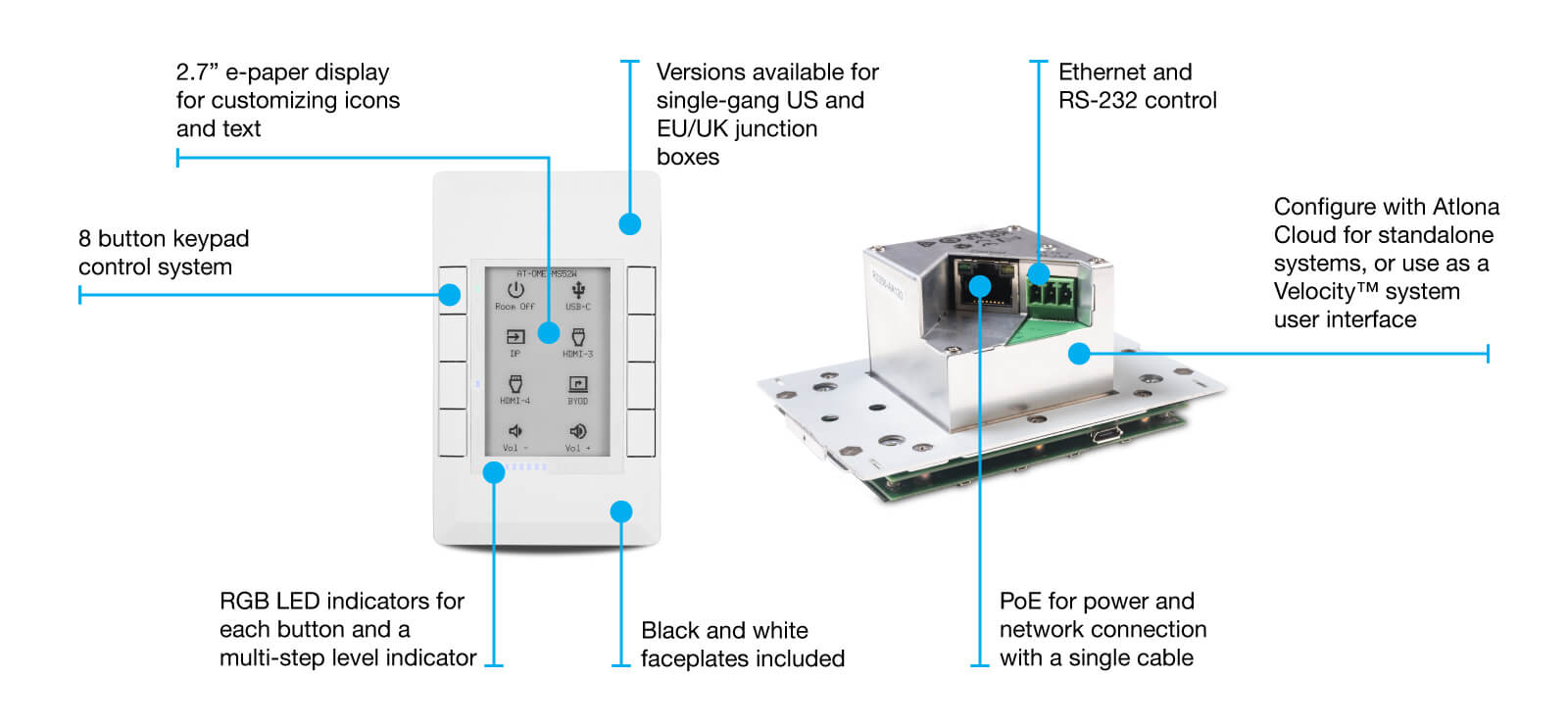 Image of the Atlona Velocity 8 Button Keypad Controller (AT-VKP-8E) showcasing its design and features for IP-based control in AV applications.