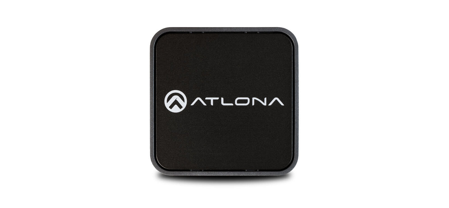 Top view of the Atlona ultra-small form factor wireless presentation receiver, showcasing its compact design.