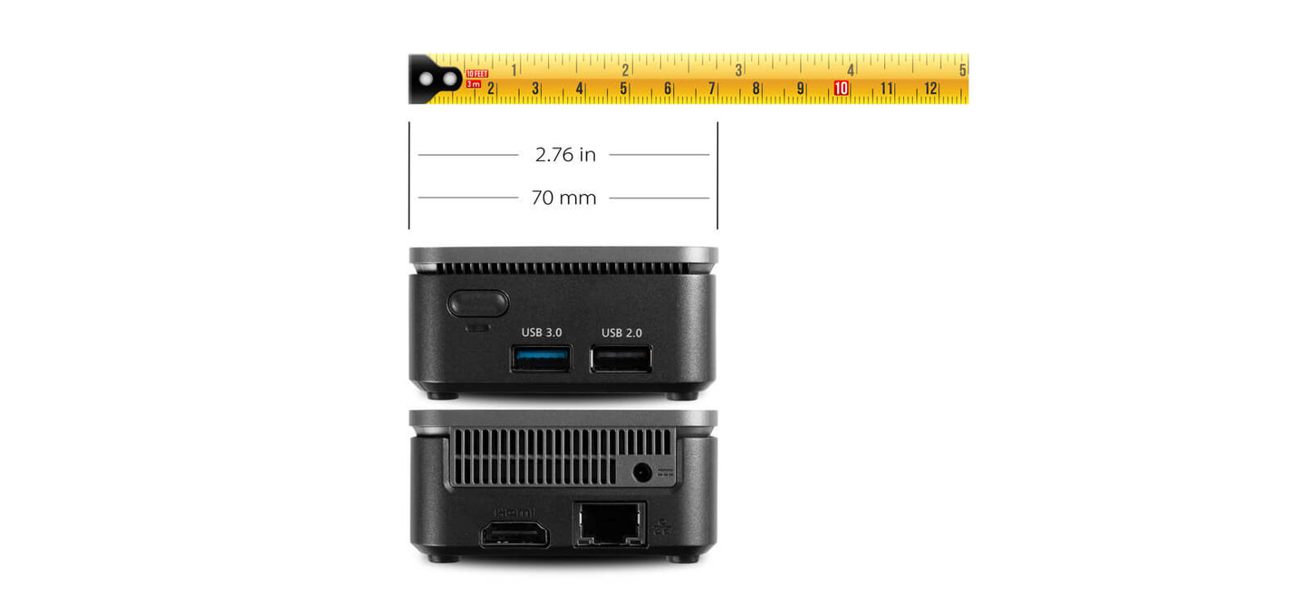 Atlona ultra-small form factor wireless presentation receiver shown from front and back with scale for size reference.