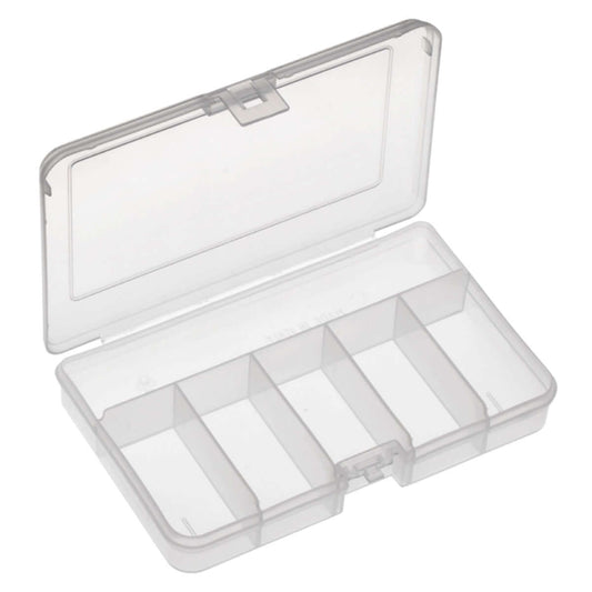 Transparent polypropylene organiser box with six compartments, ideal for storing and organizing various items.