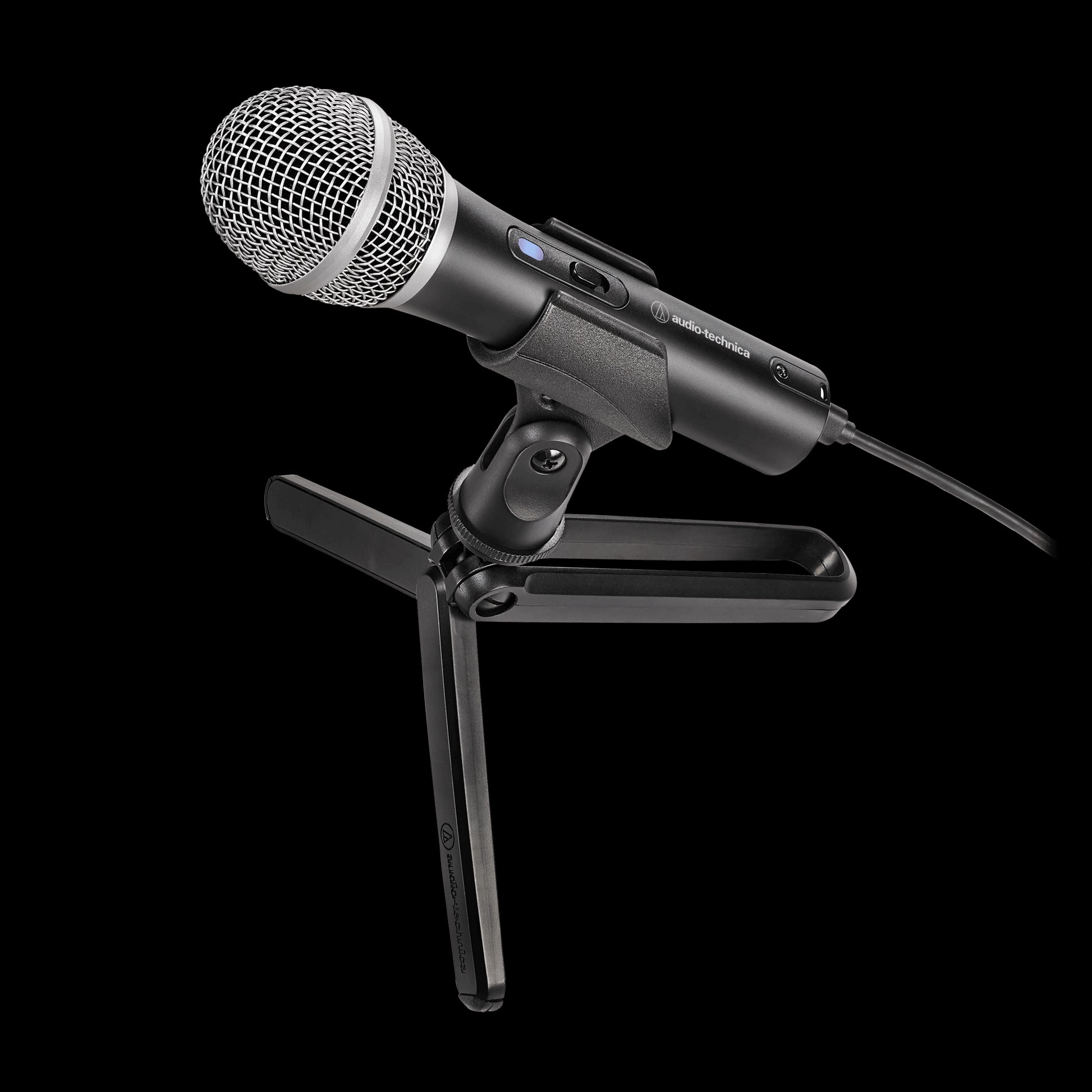 Audio-Technica ATR2100x-USB microphone with USB-C and XLR outputs, designed for streaming and podcasting.