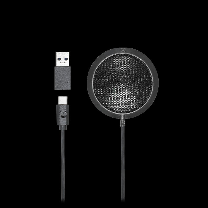 Audio-Technica ATR4697-USB omnidirectional condenser digital tabletop microphone designed for meetings and teleconferencing.