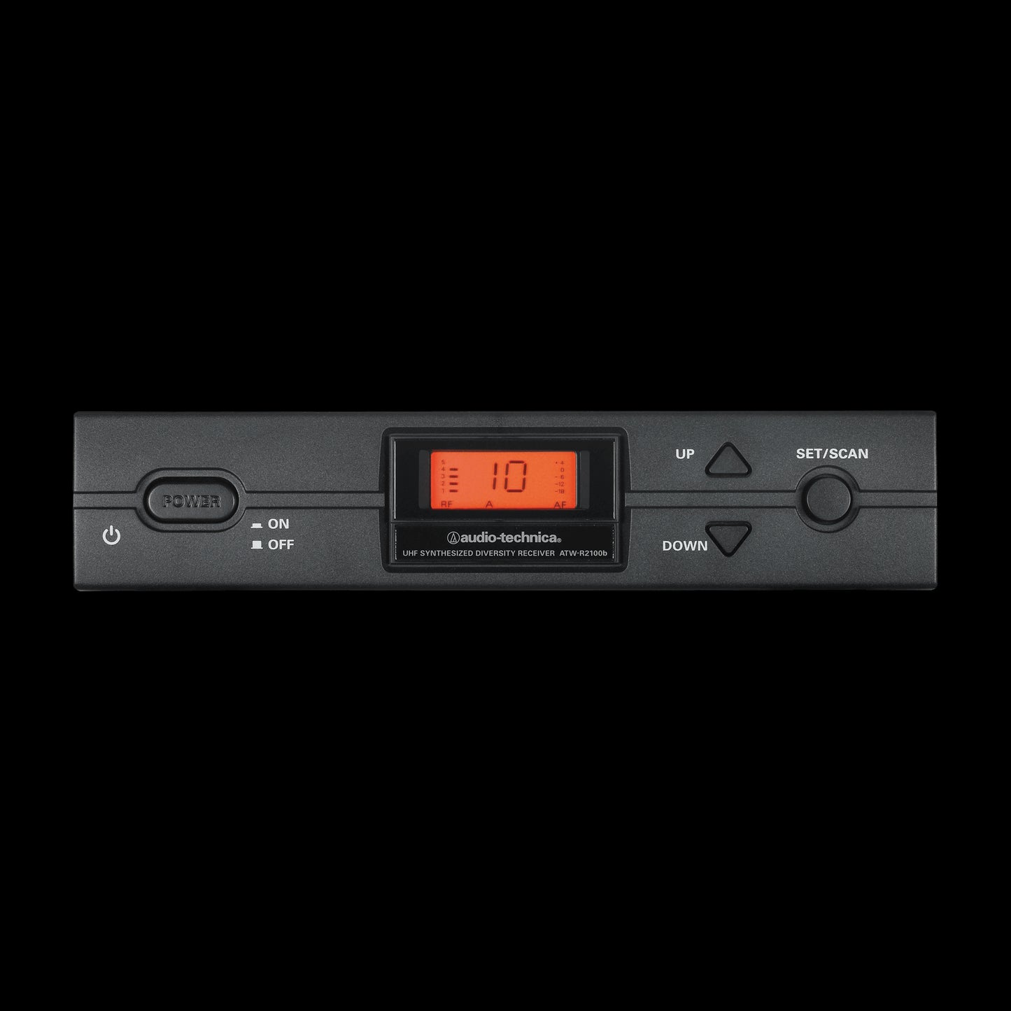 Audio-Technica ATW-R2100b 2000 Series UHF Wireless Receiver displayed on a white background.