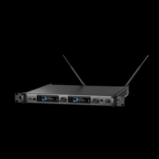 Audio-Technica ATW-R5220DAN 5000 Series Dual-Channel Wireless Receiver with Dante Network Output, showcasing the device's sleek design and features.