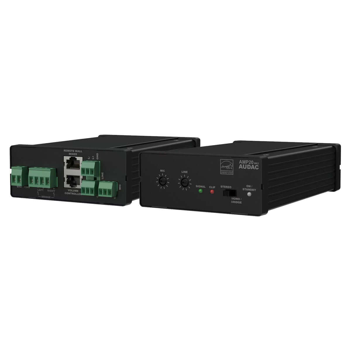 Image of the Audac Mini stereo amplifier featuring a compact design with two 15W outputs.