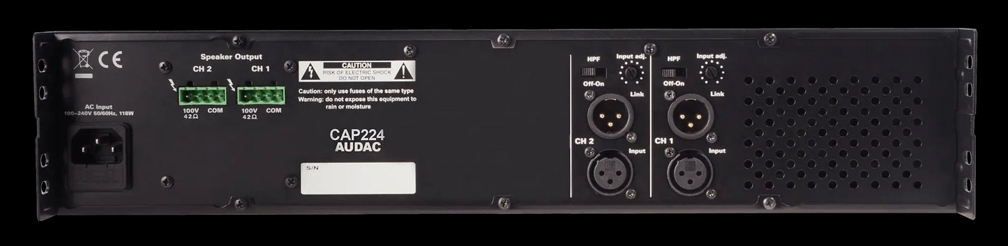Back view of the Audac Dual-channel power amplifier, showcasing its connections and specifications.