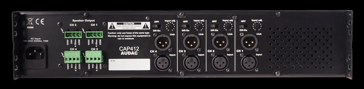 Back view of the Audac Quad-channel power amplifier, showcasing its 4 x 120W 100V output capabilities.
