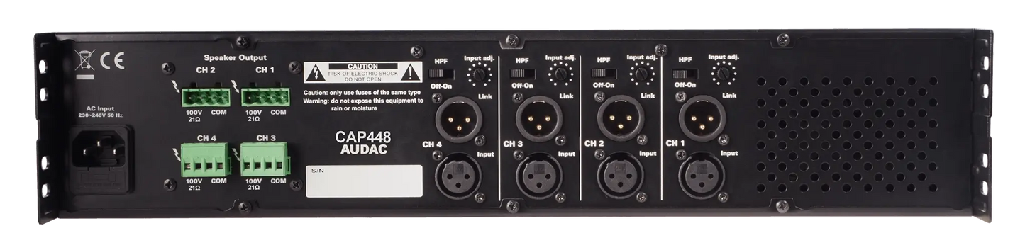 Back view of the AUDAC CAP448 Quad-Channel Power Amplifier showcasing its 4 x 480W 100V output connections.