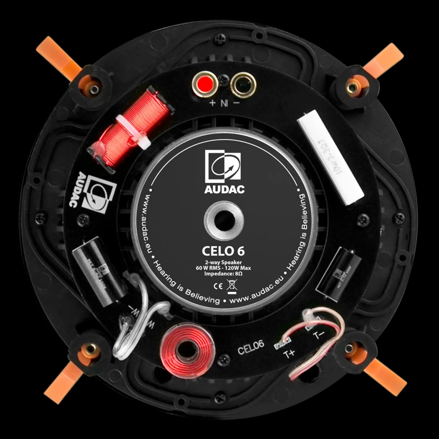 Audac high-end 2-way 6-inch ceiling speaker in white color, showcasing the back view.