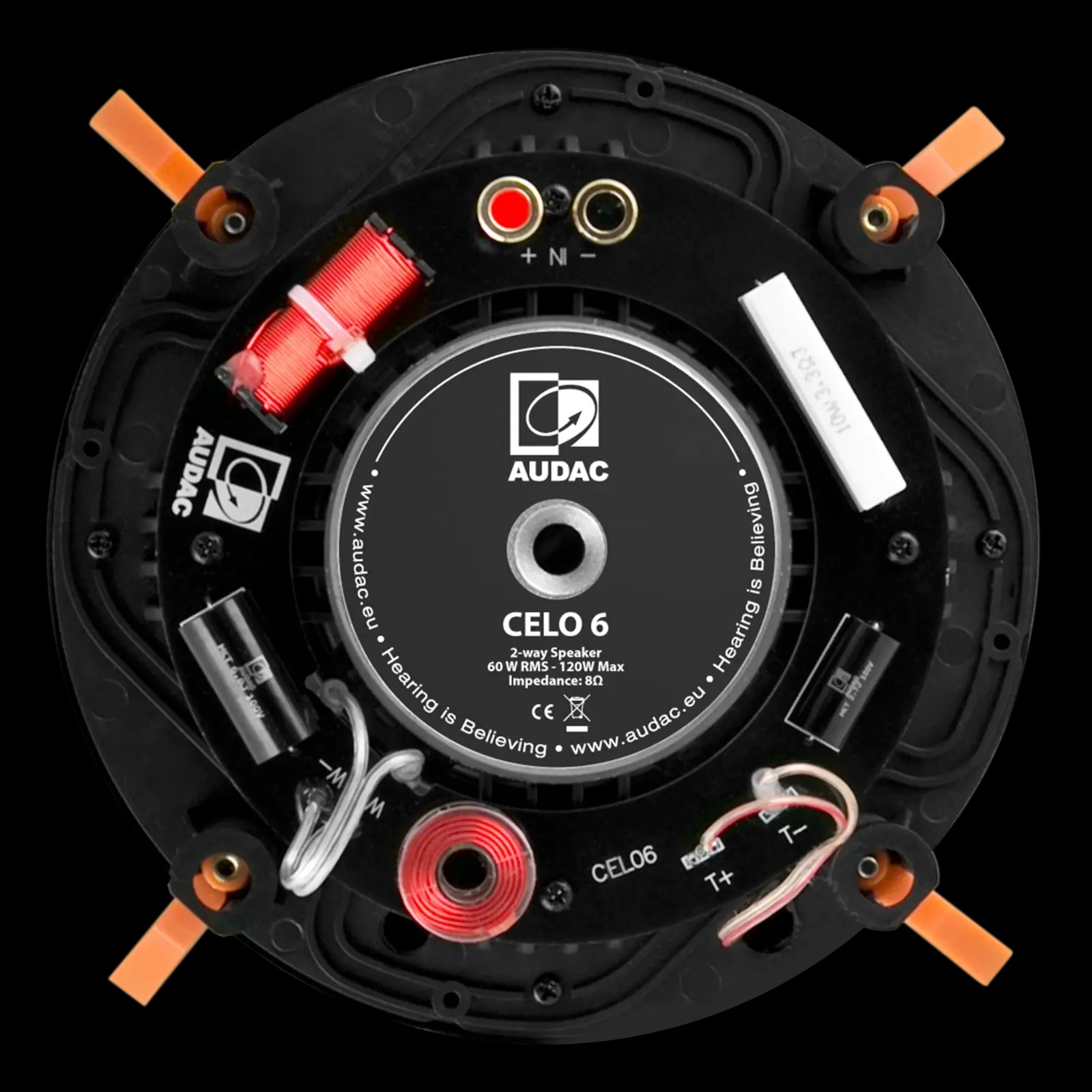 Audac high-end 2-way 6-inch ceiling speaker in white color, showcasing the back view.