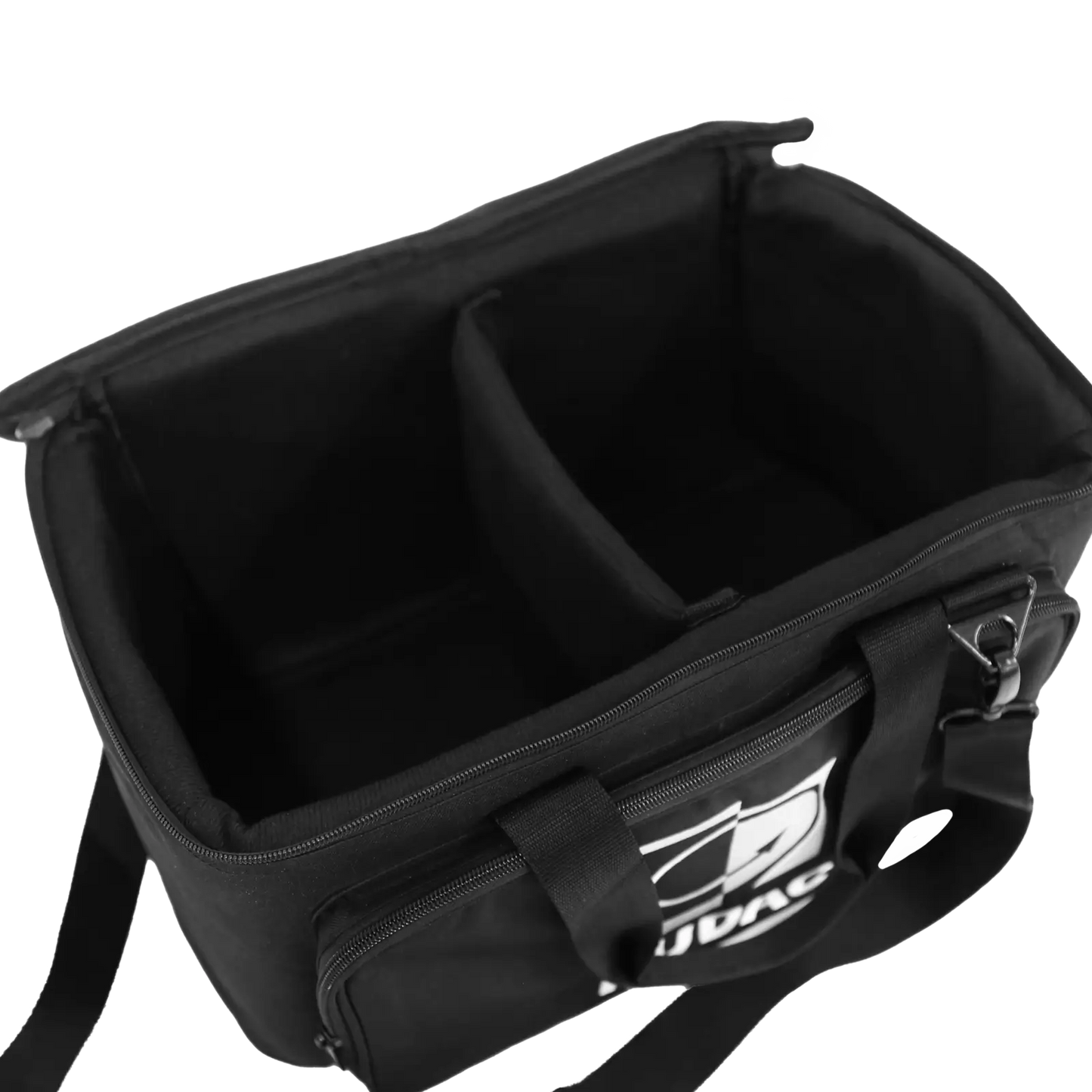 AUDAC carry bag designed for transporting two VIRO5 loudspeakers, showcasing its durable and protective features.
