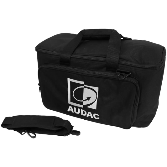 AUDAC carry bag designed for transporting two VIRO5 loudspeakers, showcasing its durable and protective features.