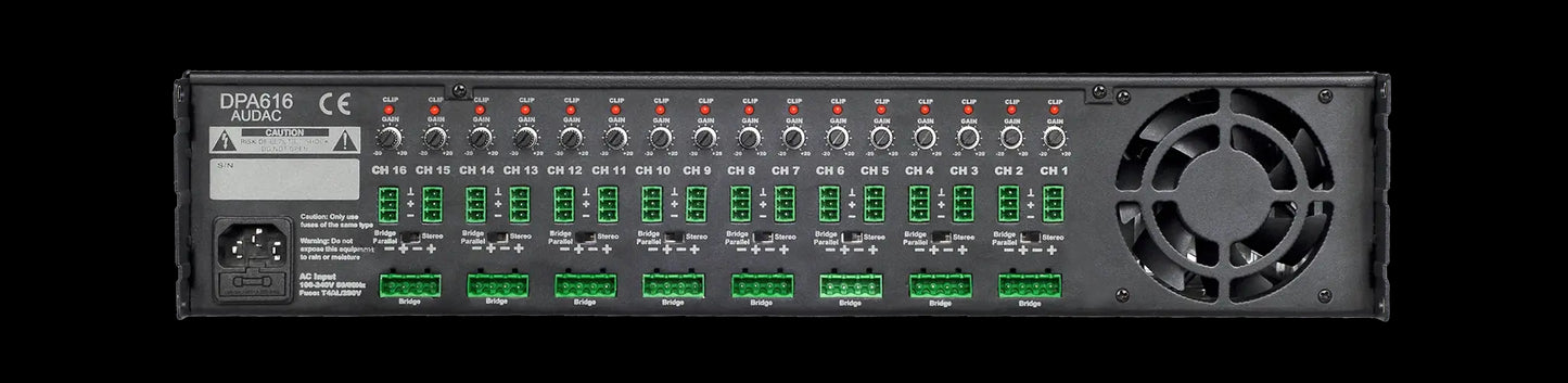 Back view of the Audac Sixteen-channel Class-D amplifier showcasing its 16 x 60W output capabilities.