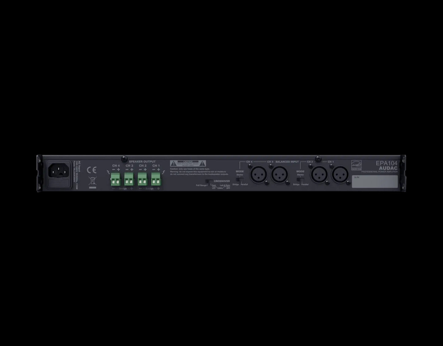 Audac Quad-channel Class-D amplifier with 4 x 100W output and crossover features.
