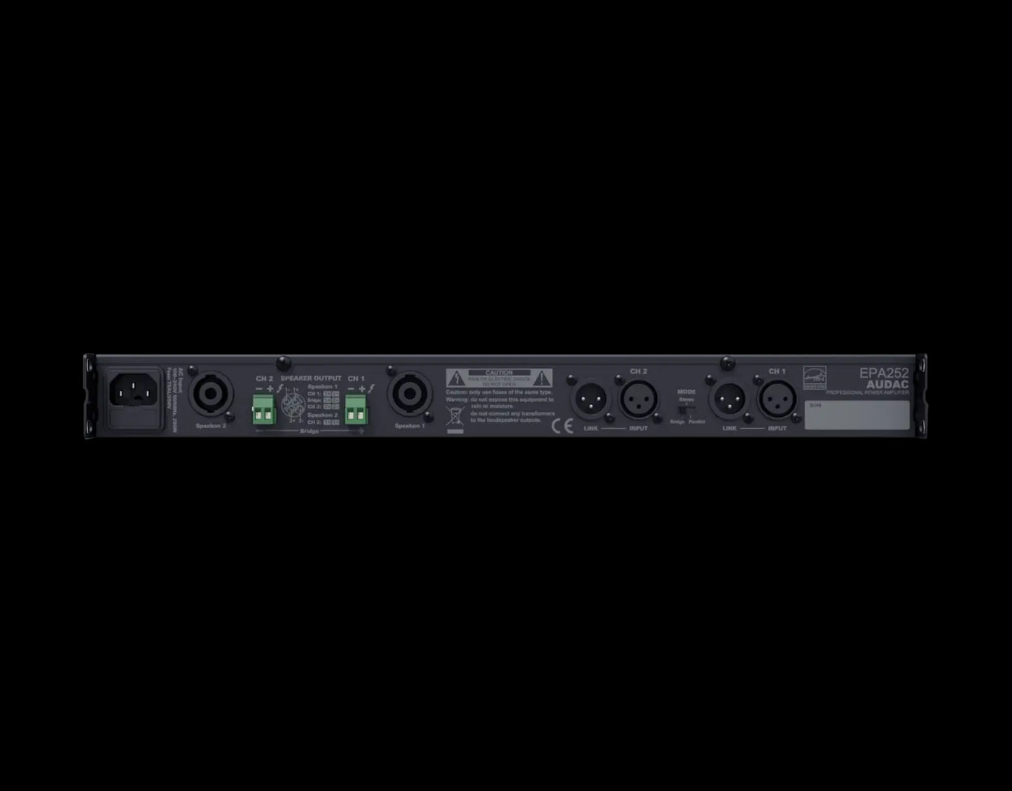 Back view of the Audac Dual-channel Class-D amplifier with 2 x 250W output.