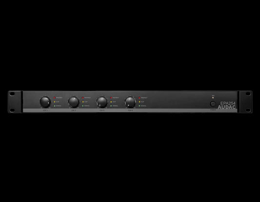 Audac Quad-channel Class-D amplifier with a power output of 4 x 250W, featuring crossover capabilities.