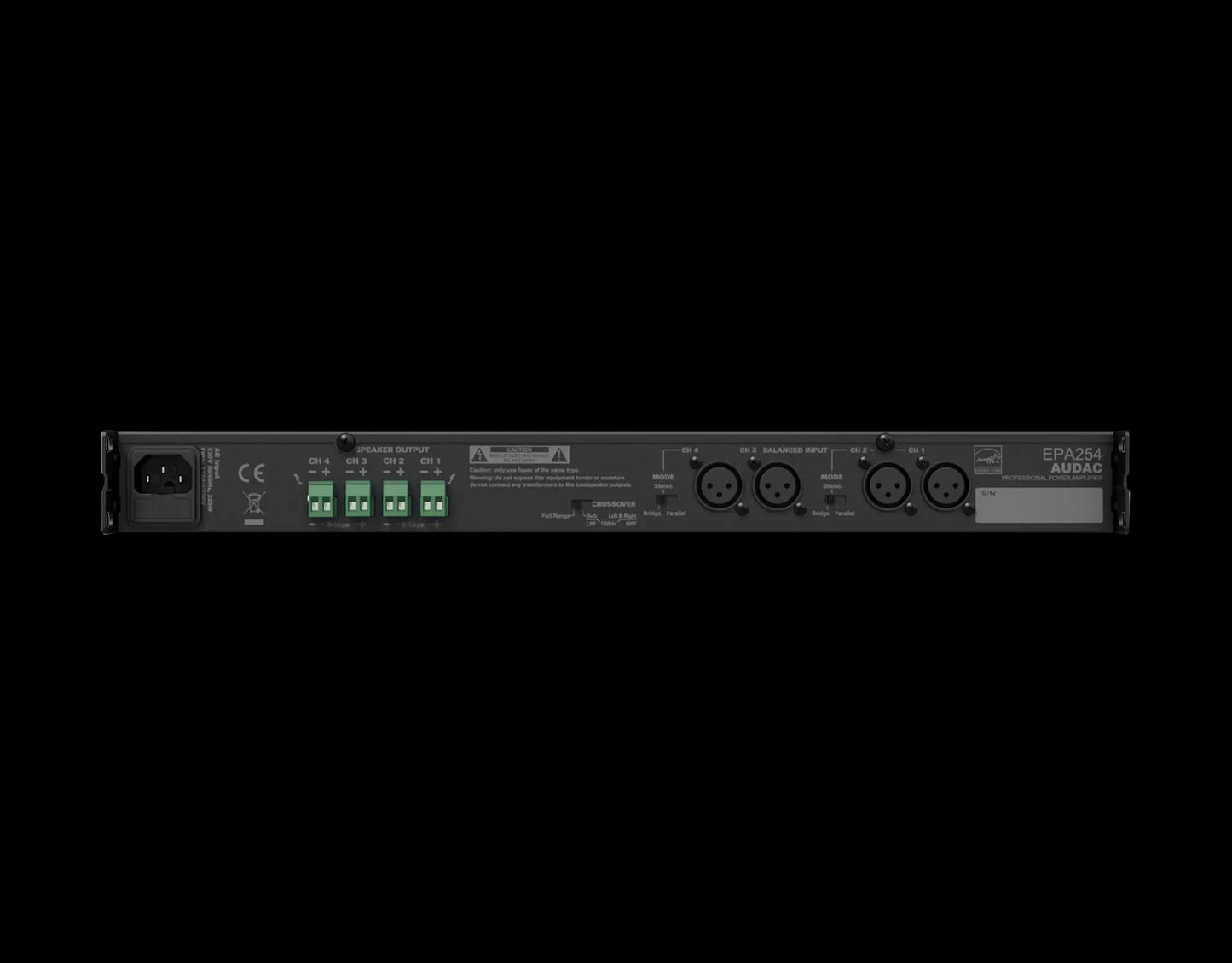 Back view of the Audac Quad-channel Class-D amplifier showcasing the crossover features.