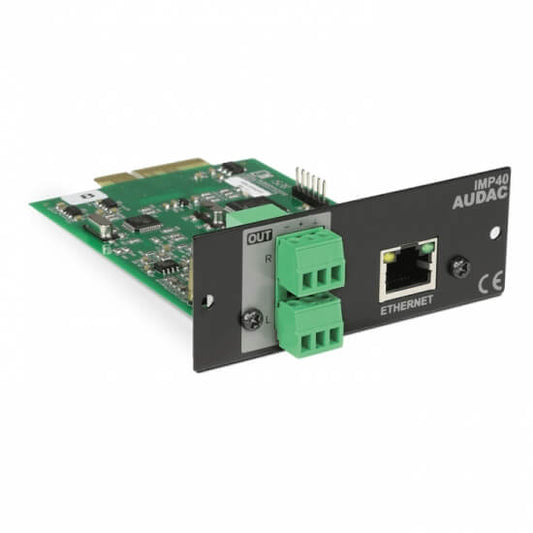 Audac SourceCon internet audio player module displayed in a professional setting.