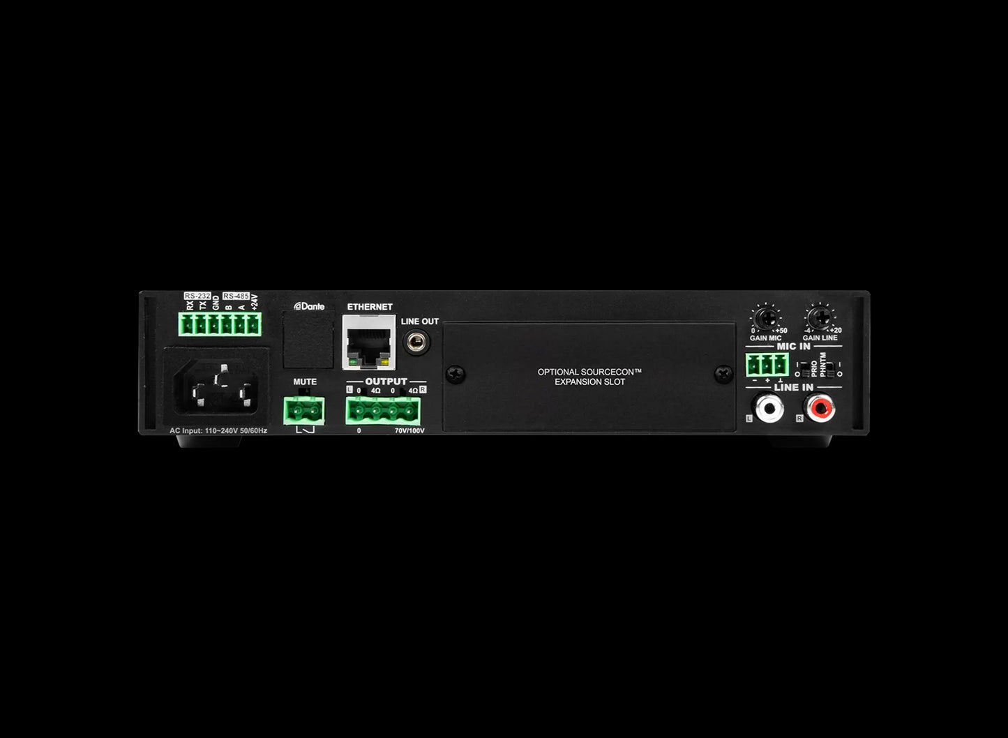 Audac All-in-one audio solution showcasing the back view with specifications of 2 x 40W at 4 Ohm and 80W at 70/100V.