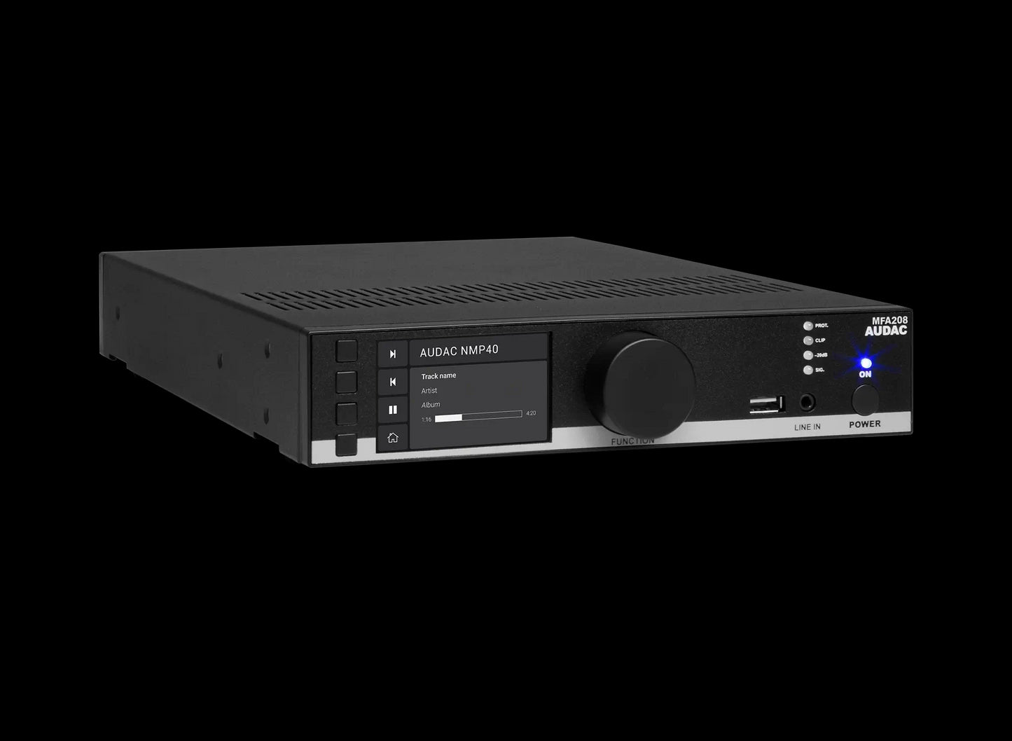 Audac all-in-one audio solution featuring a compact design with 2 x 40W power output at 4 Ohm and 80W at 70/100V.