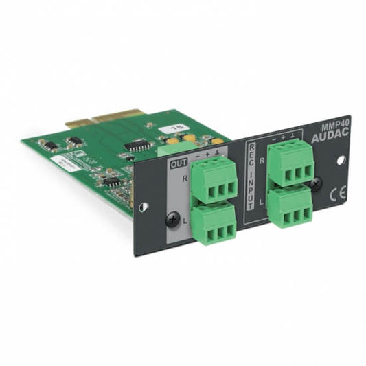 Audac SourceCon media player and recorder module displayed in a professional setting.