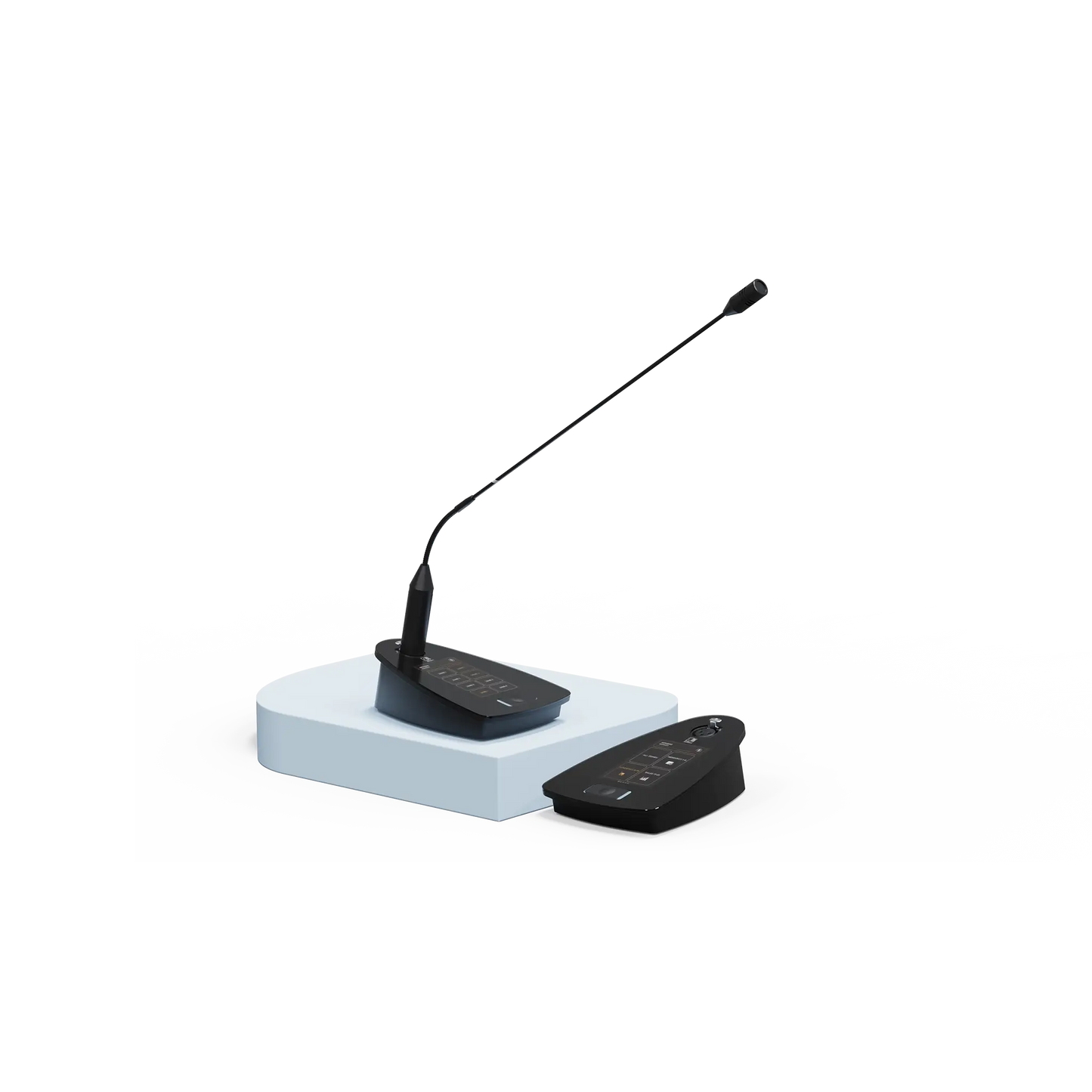 AUDAC NPM200 Dante AES67 Paging Console featuring a touchscreen interface and phantom power capabilities.