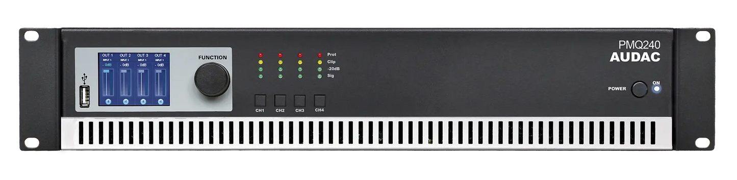 AUDAC PMQ240 WaveDynamics Quad-Channel Power Amplifier, featuring 4x240W Class-D technology, DSP, and an LCD display.