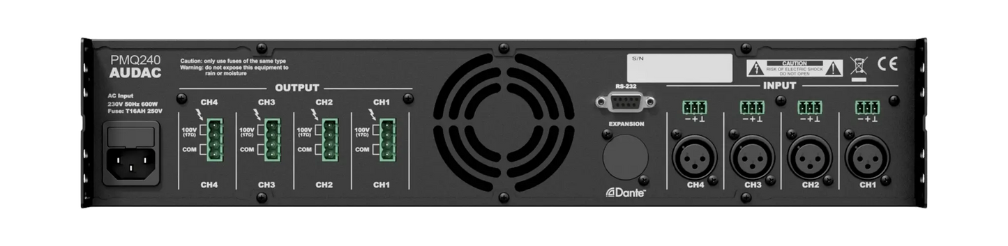 Back view of the AUDAC PMQ240 WaveDynamics Quad-Channel 70/100V Power Amplifier showcasing its connections and design.