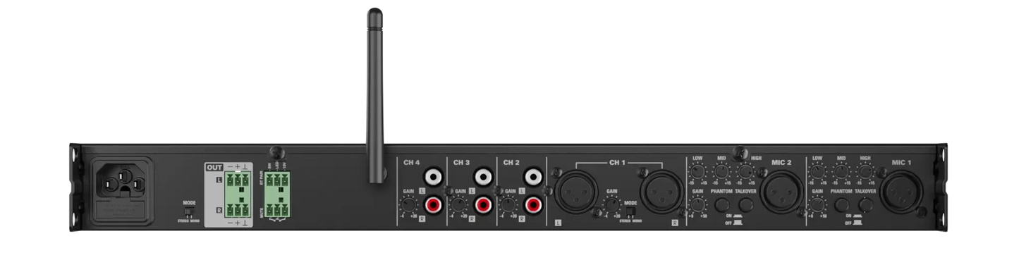 AUDAC PRE116 6 Channel Stereo Preamplifier with Bluetooth Connectivity, showcasing the back panel and connectivity options.