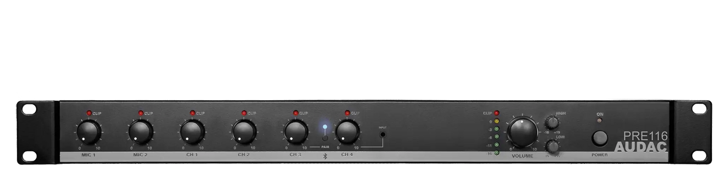 AUDAC PRE116 6 Channel Stereo Preamplifier with Bluetooth Connectivity, showcasing its sleek design and multiple input options.
