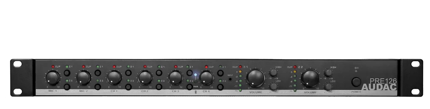 AUDAC PRE126 two zone 6 channel stereo preamplifier with Bluetooth connectivity