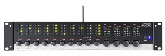 AUDAC PRE240 Four Zone 10 Channel Stereo Preamplifier with Bluetooth Connectivity, front view.