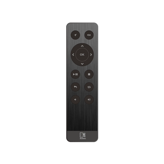 AUDAC RMT40 Audio Player RF Remote Control with USB Receiver, showcasing a sleek wireless design for convenient audio management.