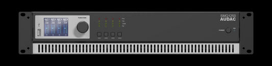 Audac WaveDynamics quad-channel power amplifier featuring four channels with 1250W output each, displayed from the front.