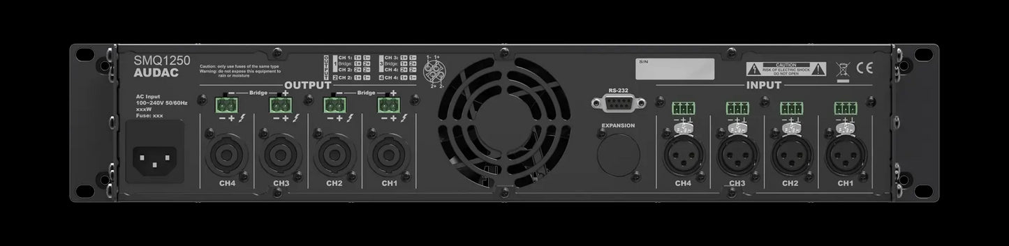 Audac WaveDynamics quad-channel power amplifier with four channels, each delivering 1250W of power, showing the back panel and connection ports.